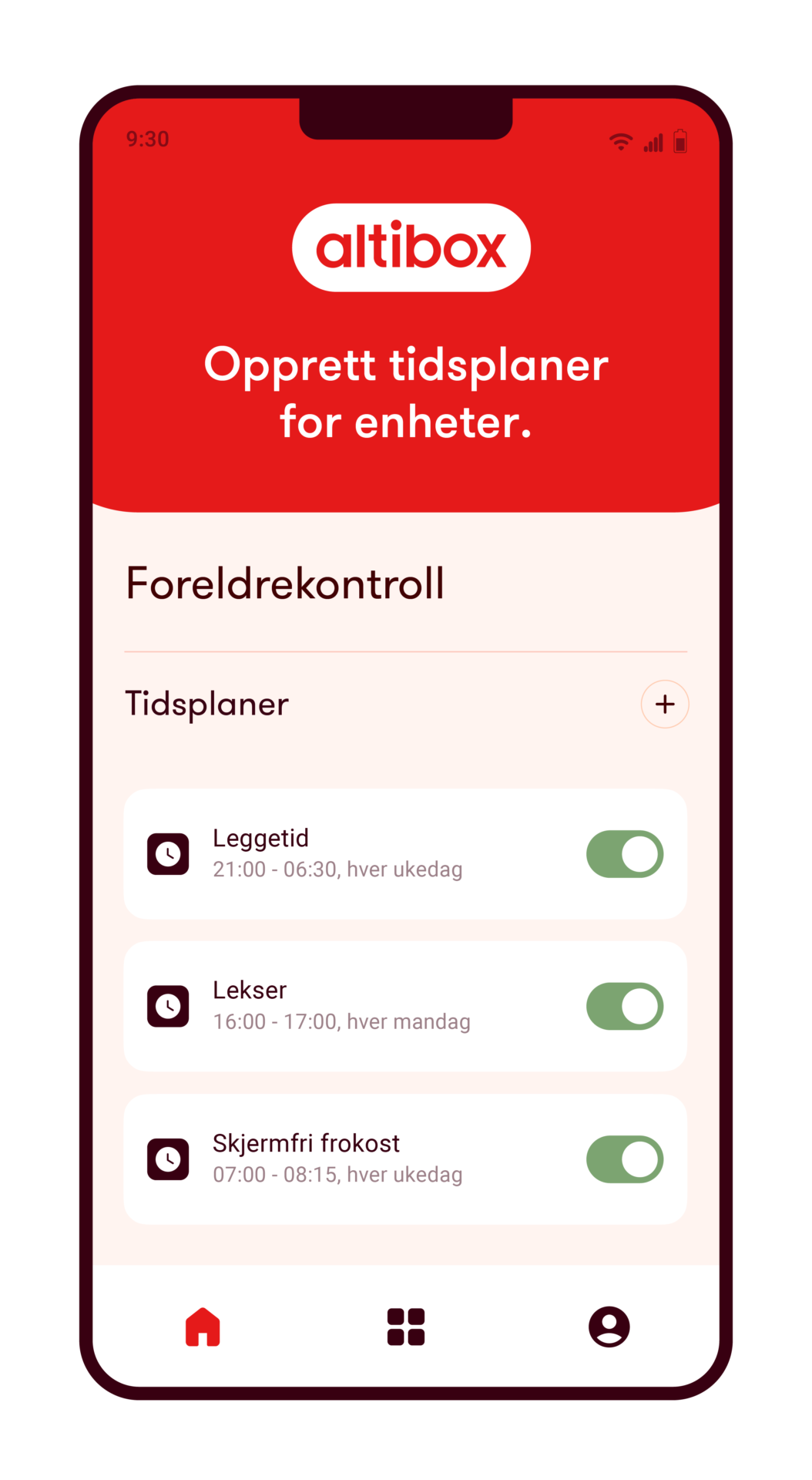 Altibox Hjem-appen med foreldrekontroll og tidsplaner