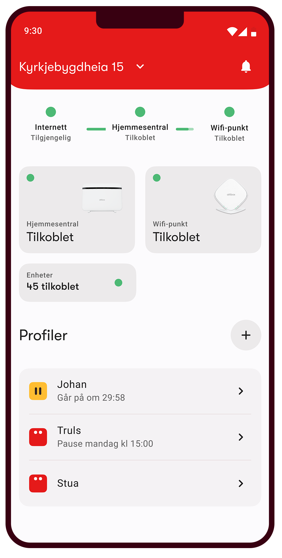 Skjermbilde fra Altibox Hjem-appen